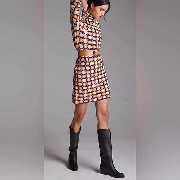 Maeve Dresses & Skirts - Maeve by Anthropologie Daisy-Grid sweater Mini  dress  in Pink, Yellow and Black